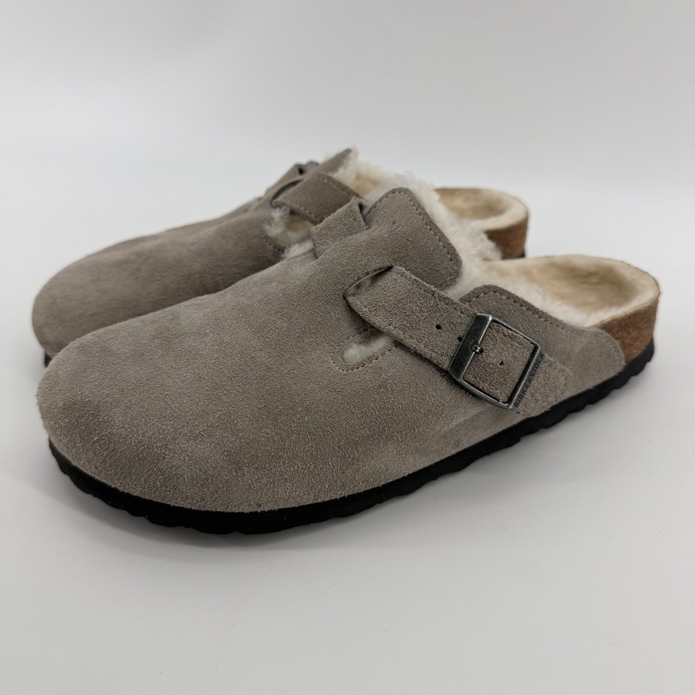 Birkenstock Boston Shearling Clogs Stone Coin Suede Mules EU 39 Women's 8 Grey